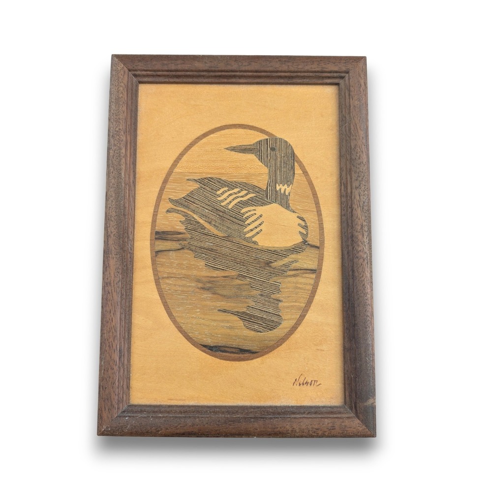 Wood Marquetry Framed Signed Nelson Inlay Loon Bird Cabin Wall Art Handmade 10x7